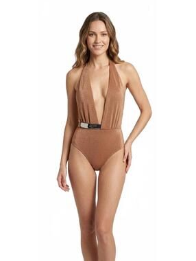 MOEVA Bridget Halterneck One-Piece Swimsuit Metallic Bronze Brown M | NWT